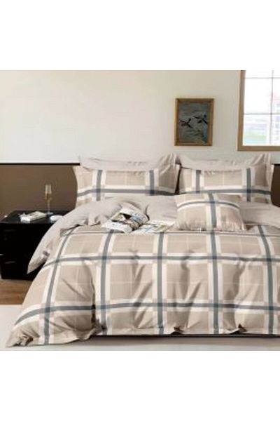 Ralex Double Bed Linen Extra Large Percalle Printed Cotton 100%, 6 Pieces, Beige / Gray Square