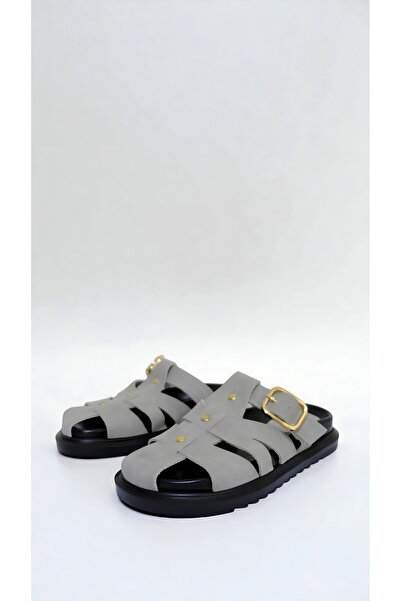 adelix Women's Suede Closed Strap Gold Detailed Slippers Gray