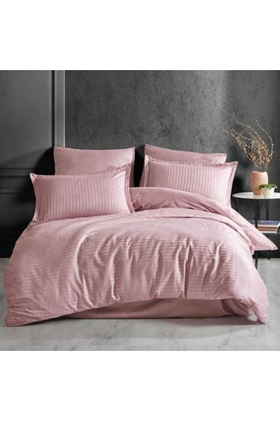 HomePuls King Size Damask Cotton Bedding Set 100% HoReCa, Thick Stripe 1 cm, 4 Pieces, Pink Powder