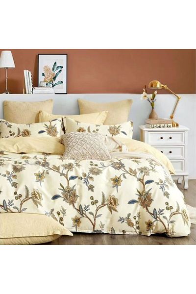 Ralex Double King Size Bedding Set Percale Printed 100% Cotton, 6 Pieces - Elegant Beige/Yellow, Pucioasa