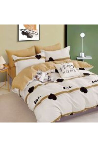 Ralex Double King Size Bedding Set Percale Printed 100% Cotton, 6 Pieces - Elegant Beige/Yellow, Pucioasa