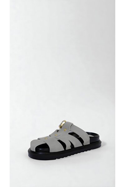 adelix Women's Suede Closed Strap Gold Detailed Slippers Gray