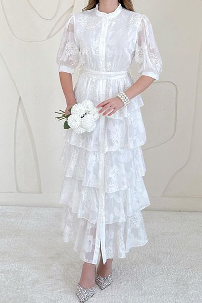 Elbee Fashion Woman Layered Chiffon Dress with Balloon Sleeves