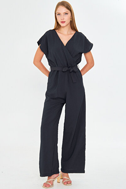 armonika Women's Black Double Breasted Collar Back V Detailed Pocket Belted Wide Leg Jumpsuit Arm-24Y001073