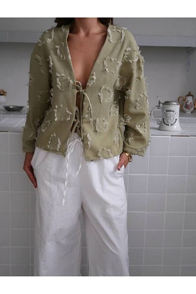 BE CHİC Jachetă cămașă kimono din in, cu detaliu de broderie cu ciucuri, pentru femei SG7715