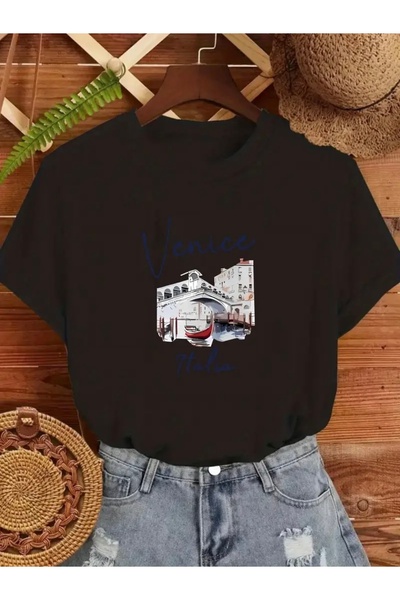 FUFLUNS تي شيرت برقبة دائرية مطبوع عليه فينيسيا إيطاليا