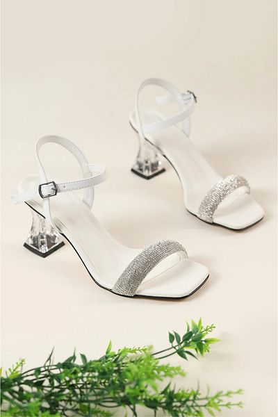 Firibu Stoned Transparent Heel Piping Stone Sandals Heeled Shoes