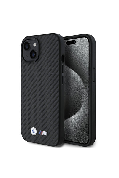 BMW iPhone 14 Uyumlu Kılıf Orjinal Lisanslı Karbon Fiber ve Metal Logolu PU Deri Kapak Siyah