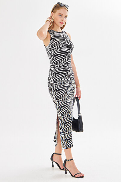 armonika Women's Black-Ecru O-Neck Sleeveless Slit Long Dress Arm-23Y001090