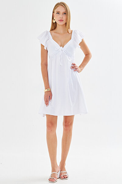 armonika Women's White V Neckline Sleeves and Ruffled Skirt Tie-Up Dress Arm-25Y001083