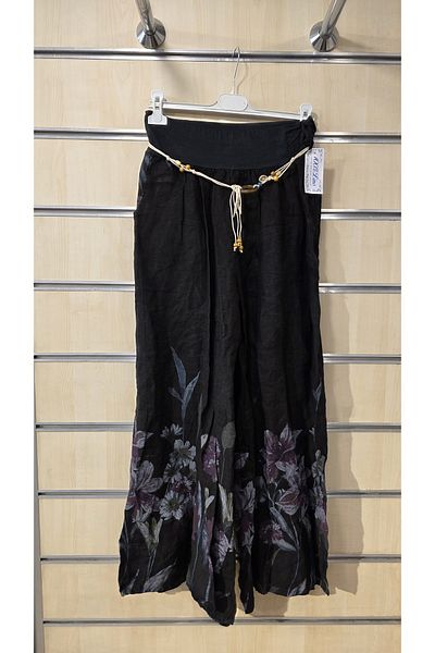 Park Moda Pantaloni din in italian cu model de flori cu centura