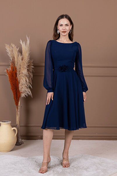 BEYBOS Sifon Kumaş Çiçek Detaylı Midi Elbise - LACİVERT
