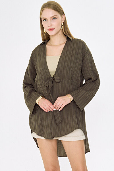 armonika Women's Dark Khaki Self Striped Front Tie Kimono Shirt Arm-24Y001101