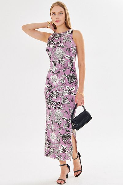 armonika Rochie lungă pentru femei Dusty Rose, cu decolteu O, fără mâneci, cu fantă ARM-23Y001090