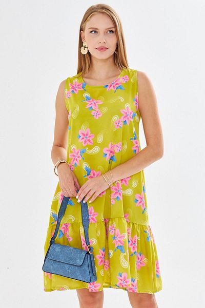armonika Rochie cu volane cu fusta fara maneci cu model roz-albastru pentru femei ARM-22K001142