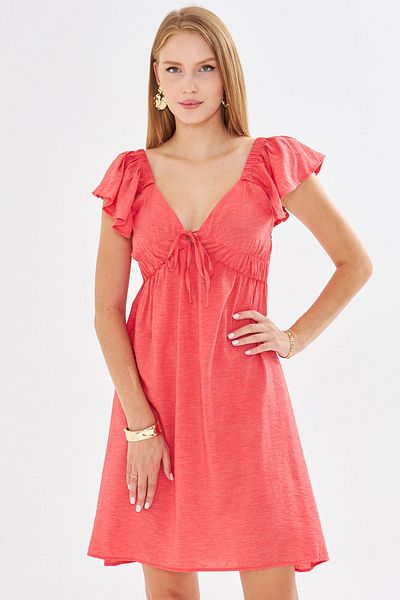 armonika Women's Pomegranate Flower V Neck Sleeves and Ruffled Skirt Tie-Up Dress Arm-25Y001083