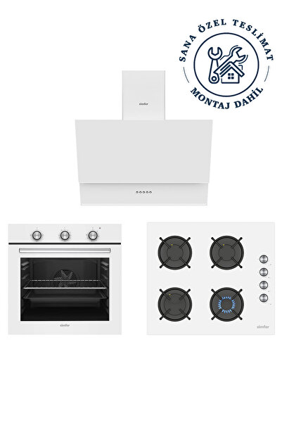 Simfer ✨3'lü Ankastre Set - 4 Fonksiyon Ankastre Fırın + Beyaz Cam Ocak + Push Button Silver Cam Davlumbaz
