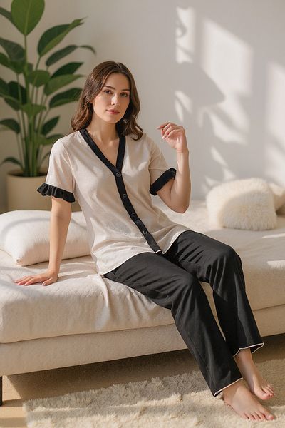 BELLA NOTTE Cotton Buttoned Black Piping Summer Pajama Set