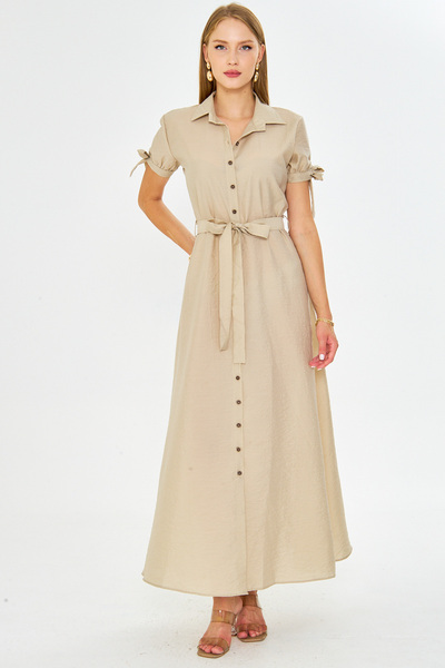 armonika Women's Beige Sleeve Tie Waist Belted Shirt Dress Arm-23Y001004