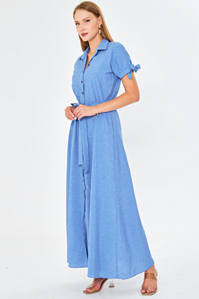 armonika Rochie cămașă cu curea în talie, cu mâneci albastru deschis, pentru femei ARM-23Y001004