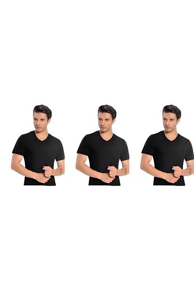 İki Yıldız Men's Modal V-Neck Short Sleeve 3 Pack 3043