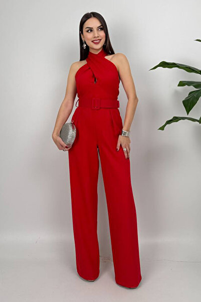 Dolcha Amber Kadın Kemer Detaylı Askılı Bol Paça Kırmızı Tulum – Rahat Şık Yazlık Kombin