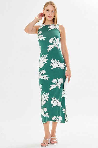 armonika Rochie lungă pentru femei, verde închis, cu decolteu O, fără mâneci, cu fantă ARM-23Y001090