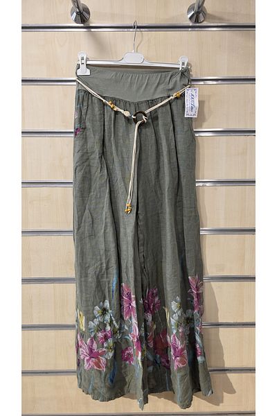 Park Moda Pantaloni din in italian cu model de flori cu centura