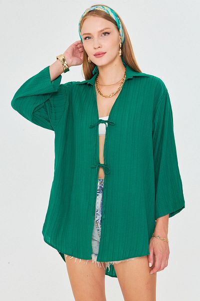 armonika Women's Dark Green Shirt Collar Front Lace-Up Kimono Shirt Arm-25K001006