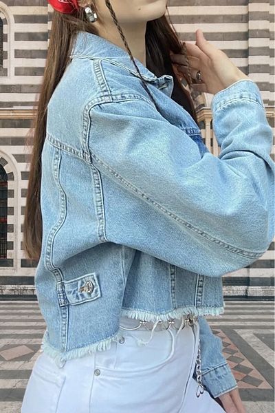 hanope Light Blue Crop Denim Jacket with Tassels at the Hem