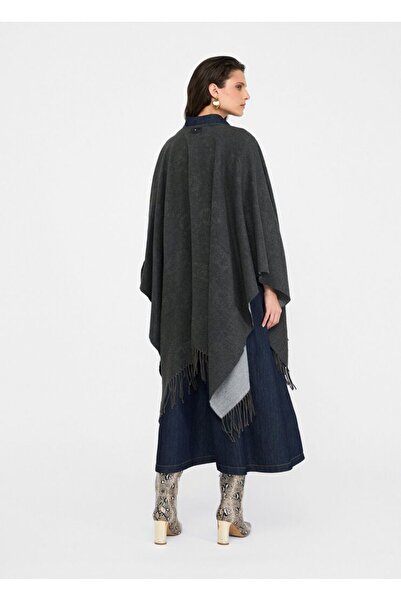 Liu Jo Women's Logo Printed Ends Fringed Anthracite Poncho 2f5034t0300-71502