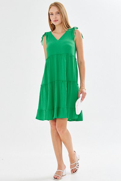 armonika Women's Green V Neck Ruffle Sleeveless Shoulder Tie Dress Arm-25Y001061