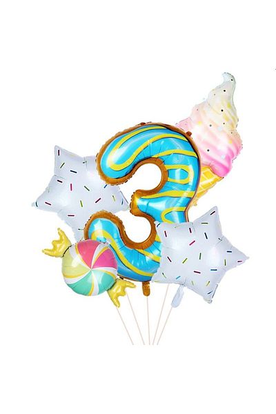 idei Giant foil balloon number 3, height 80 cm, decoration with 5 candy balloons, donut, ice cream