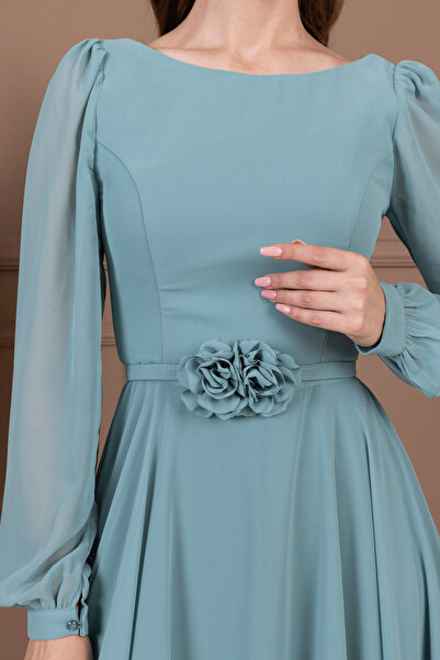 BEYBOS Sifon Kumaş Çiçek Detaylı Midi Elbise - MİNT YEŞİLİ