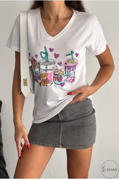 Cassime Women's White Teddy Bear Heart Flower Sequin Sequin Embroidered V-Neck 100% Cotton T-Shirt