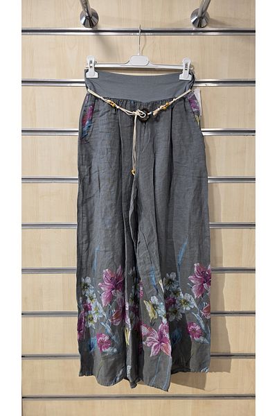 Park Moda Pantaloni din in italian cu model de flori cu centura