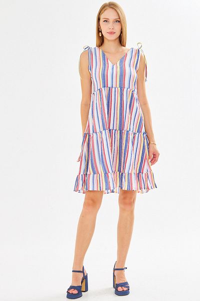 armonika Rochie de damă albastră cu decolteu în V, cu volane, fără mâneci, cu șireturi ARM-25Y001061