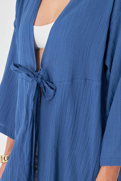 armonika Women's Dark Blue Self Striped Front Tie Kimono Shirt Arm-24Y001101
