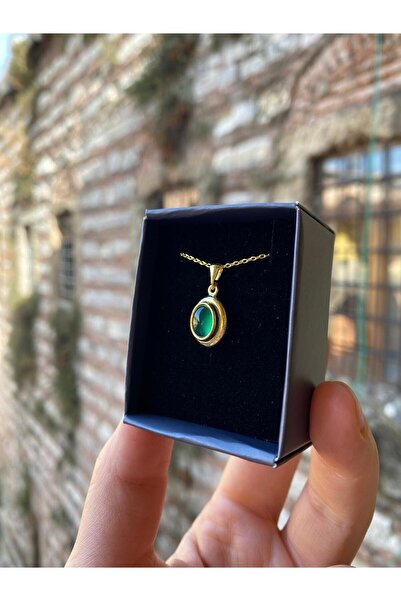 By Atölye Doğal Yeşil Akik Taşlı Gümüş Kolye