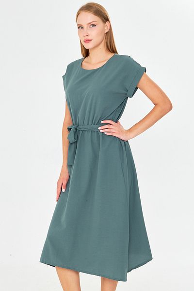 armonika Women's Dark Green Elastic Waist Tie Dress Arm-18Y001120
