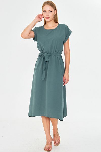 armonika Women's Dark Green Elastic Waist Tie Dress Arm-18Y001120