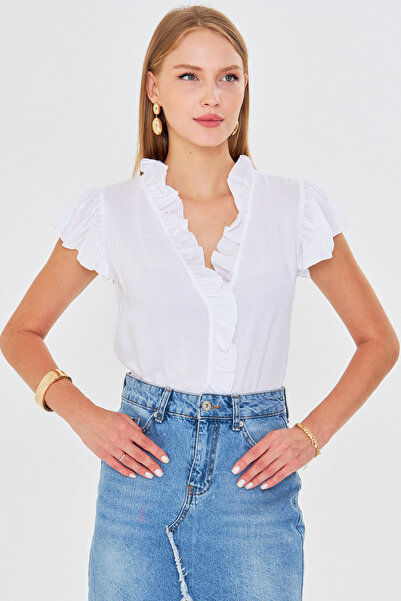 armonika Women's White-Lilac Ruffled Collar and Sleeves Blouse Arm-25Y001028