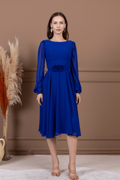 BEYBOS Sifon Kumaş Çiçek Detaylı Midi Elbise - SAKS MAVİ