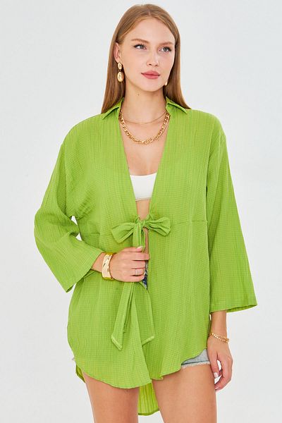 armonika Women's Pistachio Green Self Striped Front Tie Kimono Shirt Arm-24Y001101