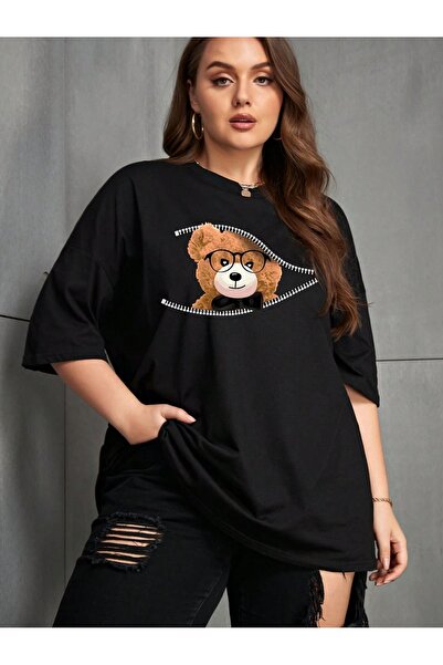 Lider Leather تي شيرت نسائي مقاس كبير بطباعة الدببة بسحاب مقاس متوسط