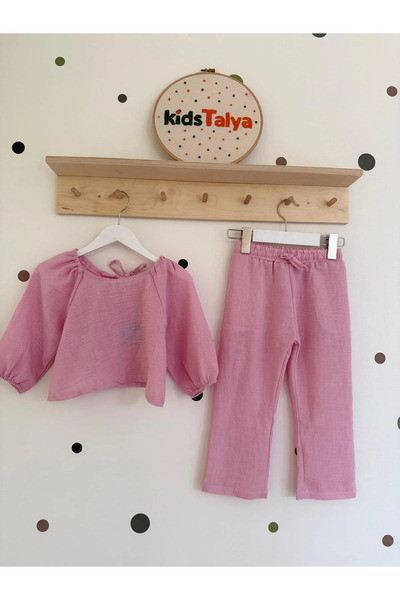 kidstalya طقم بناتي كتان-وردي
