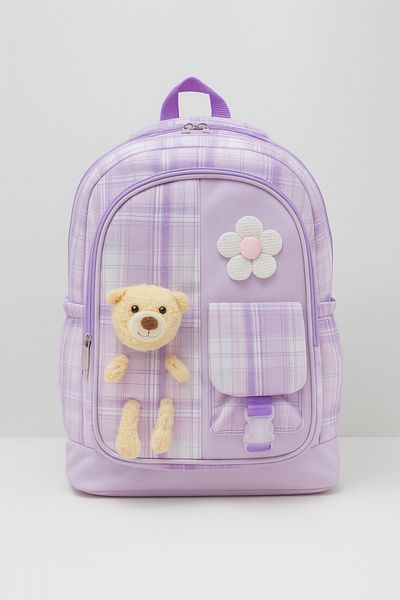 NEMO BAGS Geantă de școală primară cu ursuleț liliac, cu cutie de prânz și trusa de creion, rucsac durabil, 40x28cm