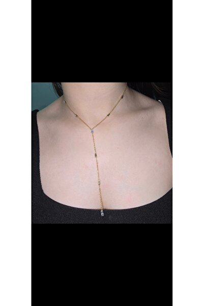 MODAMUGO Altın Renkli Taş Detaylı Y Form Çelik Kolye