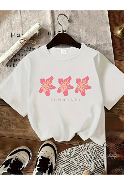FUFLUNS تي شيرت SUN HONEY مطبوع عليه زهور برقبة دائرية كبيرة الحجم