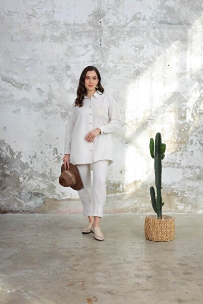 studio fashion 1988 Women's Oversize Pocket Detailed Cotton Linen Shirt